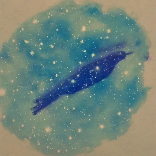 Image similar to a nebula in the shape of a flying bird style of Ghibli