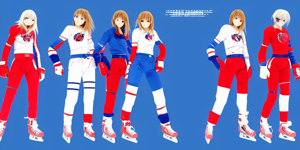 Image similar to females akira anime cyberpunk super star ice hockey players, wearing a light futuristic habs jersey, blue white and red color blocking, character concept exploration, outfit designs, trending on artstation, photorealistic, 8k