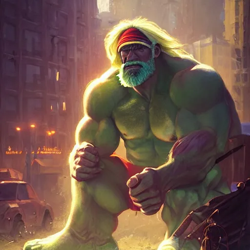 Prompt: Highly detailed full-body portrait of homeless hulk hogan, fantasy art by Greg Rutkowski, arms folded, Loish, Rhads, Makoto Shinkai and Lois van baarle, ilya kuvshinov, rossdraws global illumination, radiant light, detailed and intricate environment