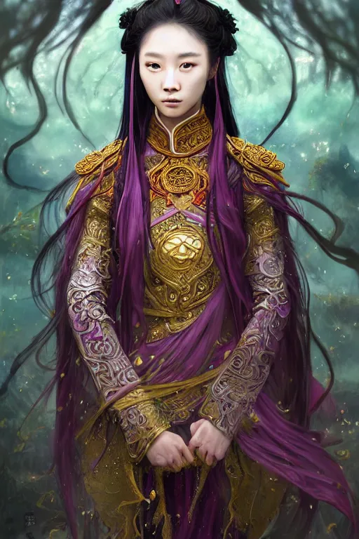 Image similar to beautiful ancient fantasy portrait of wuxia heroine like tzuyz twice, n forbidden City, hybrid from Dynasty Warriror, flowers sea rainning everywhere, intricate, very very beautiful, elegant, highly detailed, digital painting, beautiful glowing galaxy eyes, artstation, fantasy concept art, smooth, sharp focus, illustration, art by tian zi and alphonse mucha and WLOP