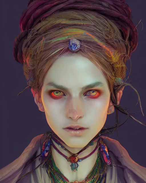 Image similar to portrait of a village witch, beautiful, fantasy, colorful, cinematic lighting, artstation, trending, highly detailed, focus, smooth, by hirohiko araki and yoshitaka amano