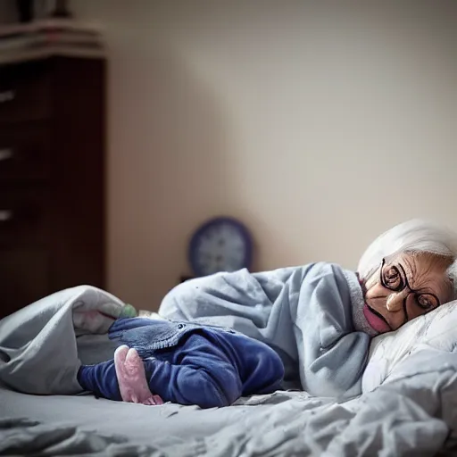 Prompt: A beautiful photograph of a scary thin old lady standing watching a child sleeping in bed at night ,4k resolution.