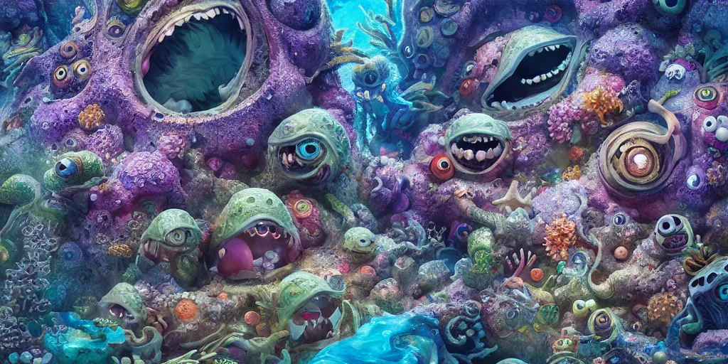 Image similar to of an intricate sea reef with strange cute friendly happy creatures with huge eyes, mouth, long tongue, round teeth and goofy face, appearing from the background, in the style of gehry and gaudi, macro lens, shallow depth of field, ultra detailed, digital painting, trending artstation, concept art, illustration, cinematic lighting, photorealism, epic, octane render