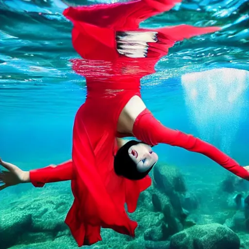 Prompt: fashion model girl in red silk underwater