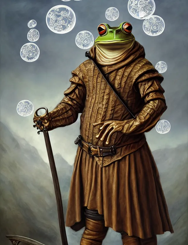 Image similar to anthropomorphic bipedal frog that is dressed as a renaissance fighter, and holding a zweihander, as a matte oil painting and d & d character art, by alex grey, standing, fullbody, floating bubbles, mystic, fog, fractals, spirals, concept art, award - winning, extremely detailed, sharp focus