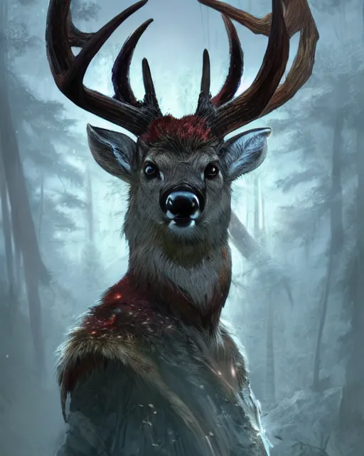 Image similar to Deer Shapeshifter Druid Mage, D&D, artstation, fantasy, magic the gathering artwork, cinematic lighting, centered, symmetrical, highly detailed, digital painting, , concept art, smooth, sharp focus, illustration, volumetric lighting, epic Composition, 8k, art by Akihiko Yoshida and Greg Rutkowski and Craig Mullins, oil painting, cgsociety