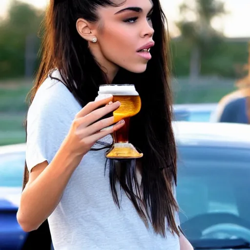 Prompt: Madison Beer drinking beer in the parking lot, realistic, sunset 😂😂😂☺️☺️☺️