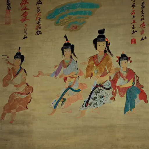 Prompt: dunhuang fresco style, flying fairies, colorful, three - dimensional sense of strong