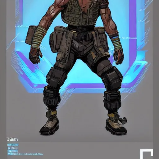 Image similar to Apex legends cyberpunk fitness dude. Concept art by James Gurney and Mœbius.