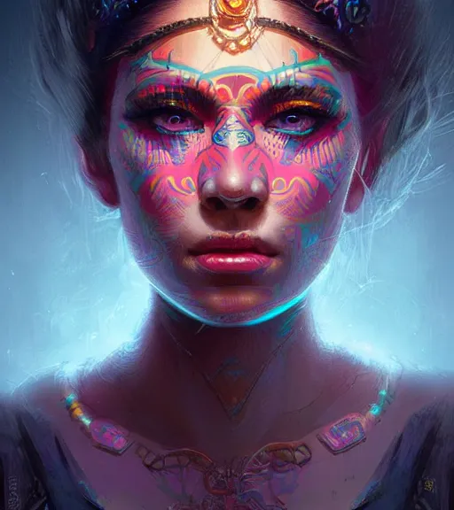 Image similar to beautiful intricate exquisite aztec princess realistic face, beautiful eyes, neon colors, drawing, in the style of greg rutkowski, fantasy, amazing detail, epic, intricate, elegant, smooth, sharp focus