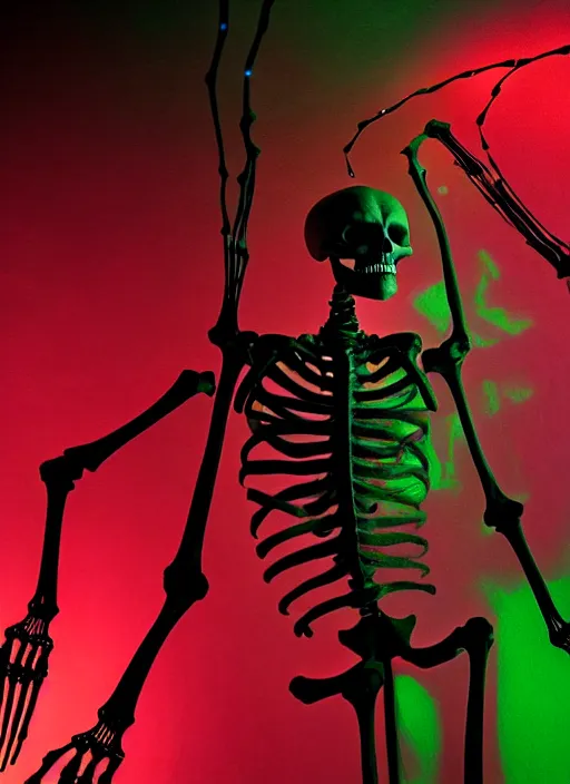 Prompt: a skeleton powered by glowing wires. gothic, rich deep red and black colours, creepy, mystical, highly detailed and intricate, by francis bacon, edward hopper, adrian ghenie, glenn brown, soft light 4 k, pink and green colour palette, cinematic composition, cinematic lighting, high quality octane render