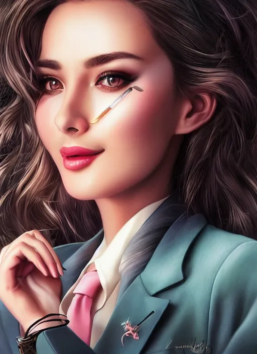 Image similar to beautiful, secretary woman, extremely detailed gorgeous face, looks realistic, hyper-detailed portrait, happy smile, vaporwave aesthetic, synthwave, magical, fantasy, ninchaku , artist Artgerm i and WLOP