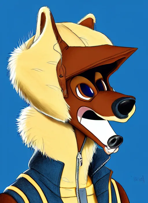 Prompt: expressive stylized master furry artist digital colored pencil painting full body portrait character study of the bear ( sergal ) small head fursona animal person wearing clothes leather bomber jacket pilot standing next to airplane by master furry artist blotch, sharp focus vintage disney animation style