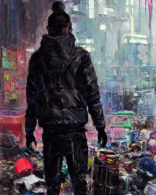 Prompt: detailed portrait Neon guard boy with long straight blonde hair seen from the back, cyberpunk futuristic, reflective puffer jacket, black leggings, decorated with traditional ornaments in front of a dystopian crowd with piles of garbage by Ismail inceoglu dragan bibin hans thoma, Perfect face, fine details, realistic shaded, fine-face, pretty face