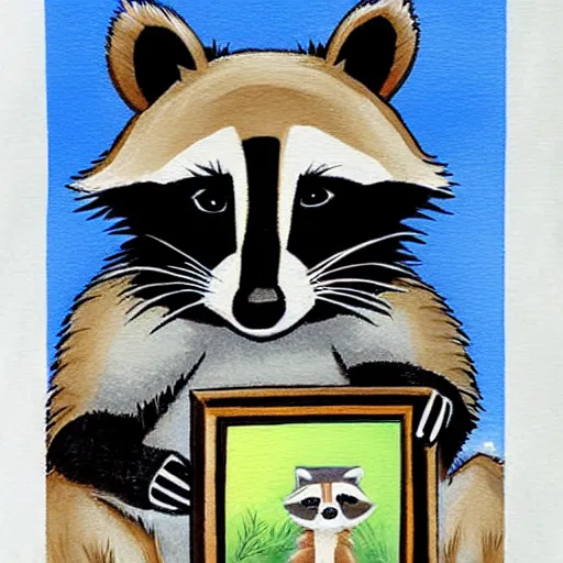 Image similar to a raccoon painting a picture of himself, anime, kawaii