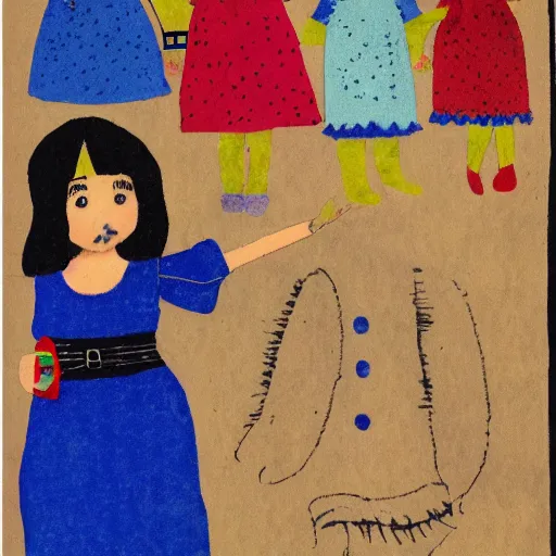 Image similar to children's book illustration of little girl black hair cut in a bob with bangs wearing a blue dress with jingle bells sewn all over at a halloween costume parade in the style of henry darger