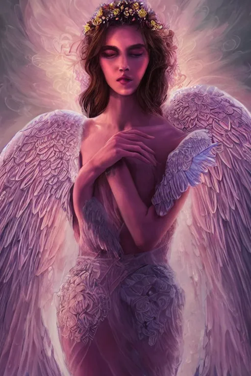 Prompt: beautiful young woman's face, magical, angelic wings, flowers, intricate, synth-wave, retrowave, highly-detailed, elegant, dramatic lighting, gorgeous face, lifelike, photorealistic face, long luxurious intricate gown, digital painting, artstation, illustration, concept art, smooth, sharp focus, art by Craig Russel, Barry Smith, artgerm, and Albert Aublet and Krenz Cushart and Artem Demura and Alphonse Mucha