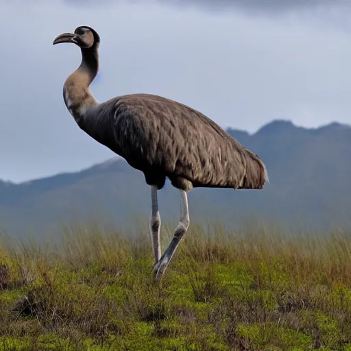 Prompt: a photograph of a moa grazing in a new zealand forest clearing.