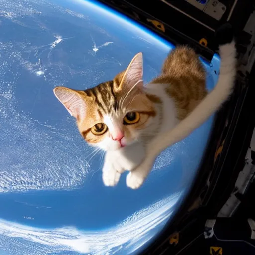 Image similar to Photo of a cat floating inside the ISS, realistic award-winning