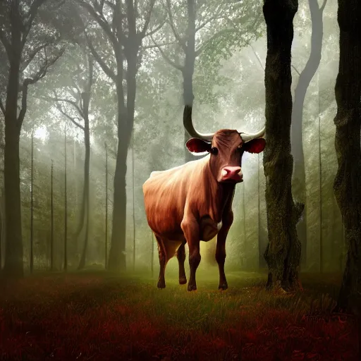 Image similar to Highly realistic painting of a cow standing in the middle of a dark forest, oak trees, fog, moody lighting, volumetric lighting