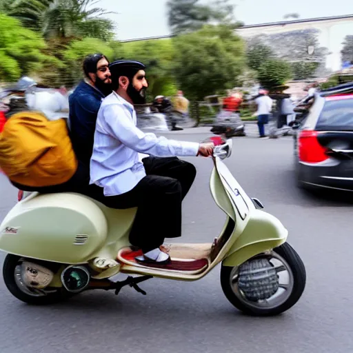 Prompt: a rich arab prince riding a vespa in heavy traffic