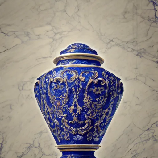 Image similar to an ornate baroque vase breaking on the marble tile floor, exploding into dust, dark - blue light - blue gold silver white black beige, volumetric dust rays, intricate detail, ultra realistic, cinematic lighting, moody, wet, shiny,