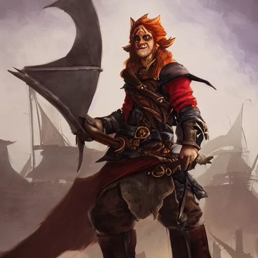 Image similar to handsome grinning ginger elf rogue, tricorne pirate captain hate, naval background, D&D, fantasy, cinematic lighting, centered, symmetrical, highly detailed, digital painting, artstation, concept art, smooth, sharp focus, illustration, volumetric lighting, epic Composition, 8k, art by Akihiko Yoshida and Greg Rutkowski and Craig Mullins, oil painting, cgsociety