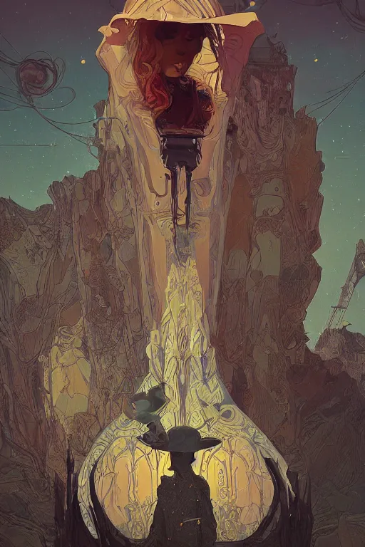 Image similar to Desert Circus, surrealism, dark undertones, outside intricate, highly detailed, 8K, digital painting, fantasy, artstation, concept art, sharp focus, over-shoulder shot, illustration, art by rutkowski, beeple and alphonse mucha