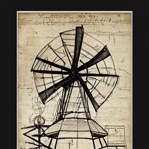 Image similar to old pencil sketch by leonardo davinci blueprint! of a windmill, very detailed technical sketch, annotation, quotes, written dimensions, monochromatic, sepia tones, old paper