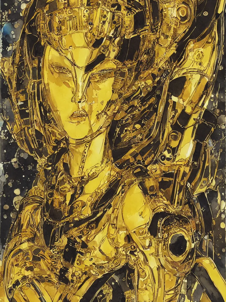 Image similar to a Royal portrait of gold android woman as illustrated by Yoshitaka Amano. 1991. Watercolor and Acrylic on Paper