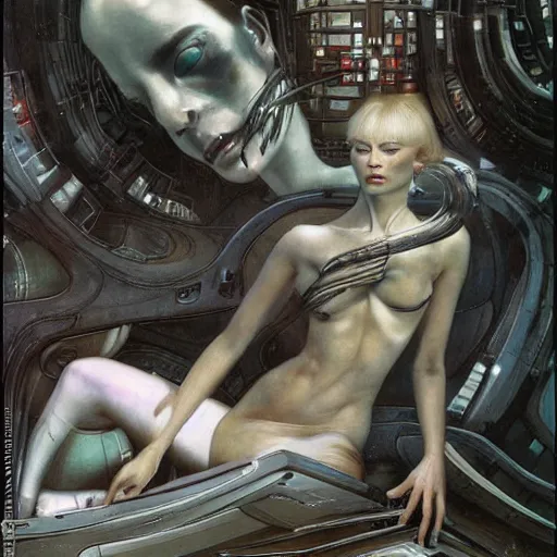 Image similar to epic masterpiece full body portrait a beautiful woman, with a beautiful face and flawless skin, lounging inside a spaceship designed by H.R. Giger, by Edgar Maxence and Ross Tran and Michael Whelan