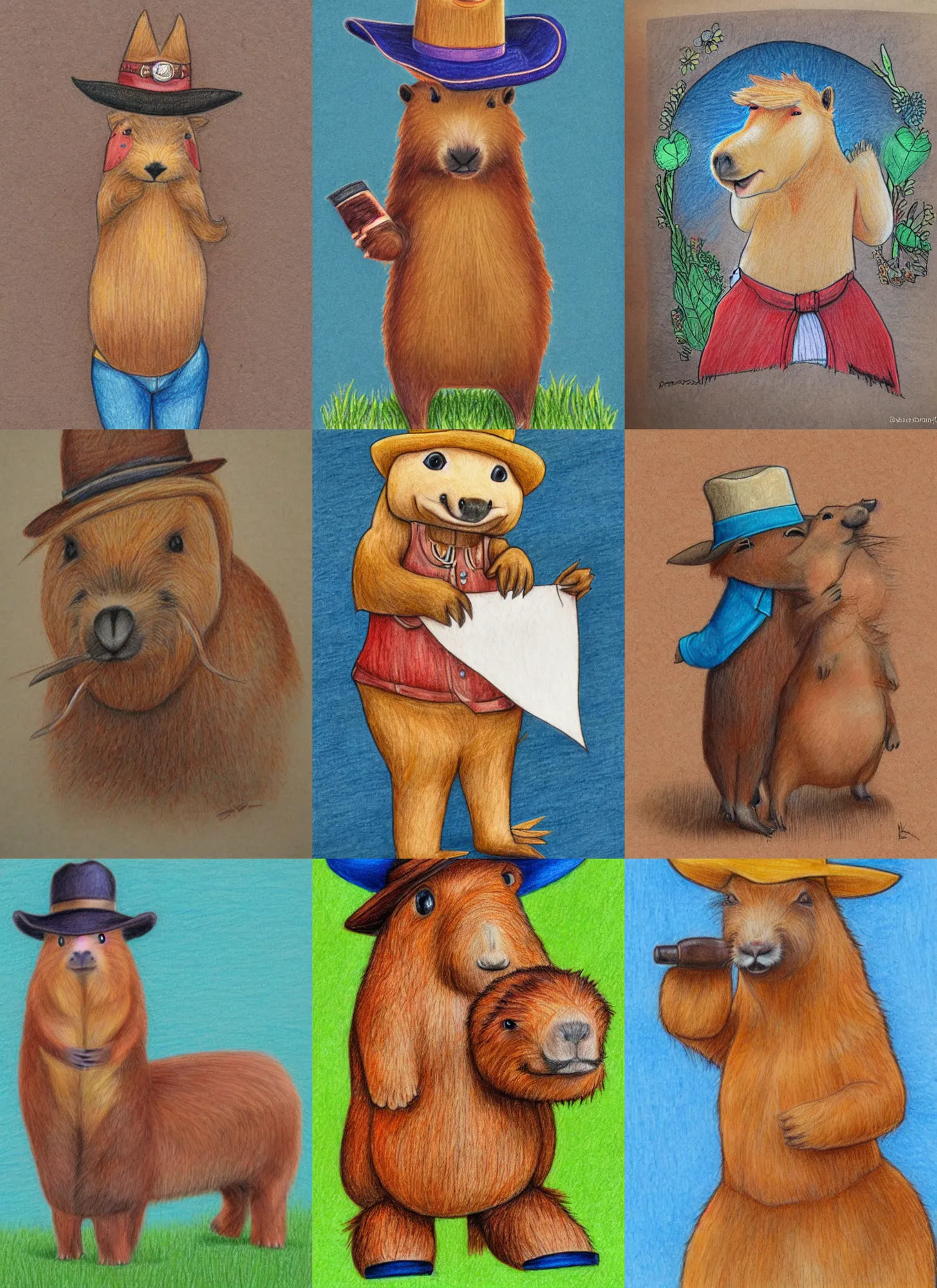 Prompt: colored pencil drawing anthropomorphic capybara cowgirl