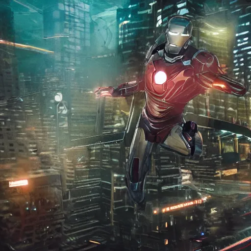 Image similar to A hyperdetailed photograph of a silver suit Iron Man flying through the skies of a cyberpunk, futuristic city, night, dense fog, rain, HD, 8K resolution