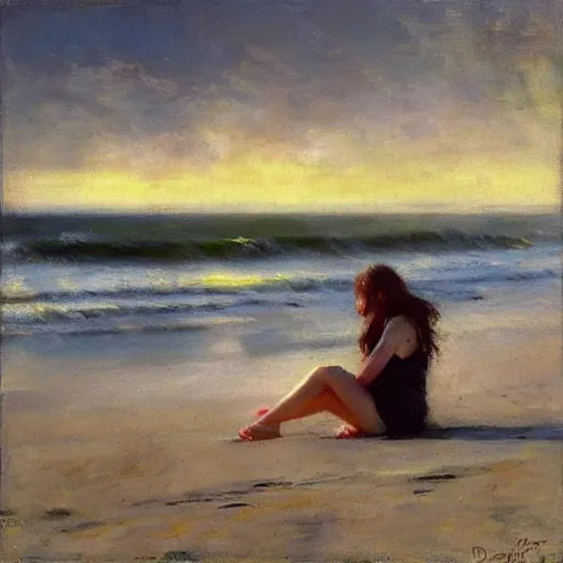 Prompt: “ a girl sitting on rockaway beach drinking a can of beer, morning light, by daniel gerhartz ”