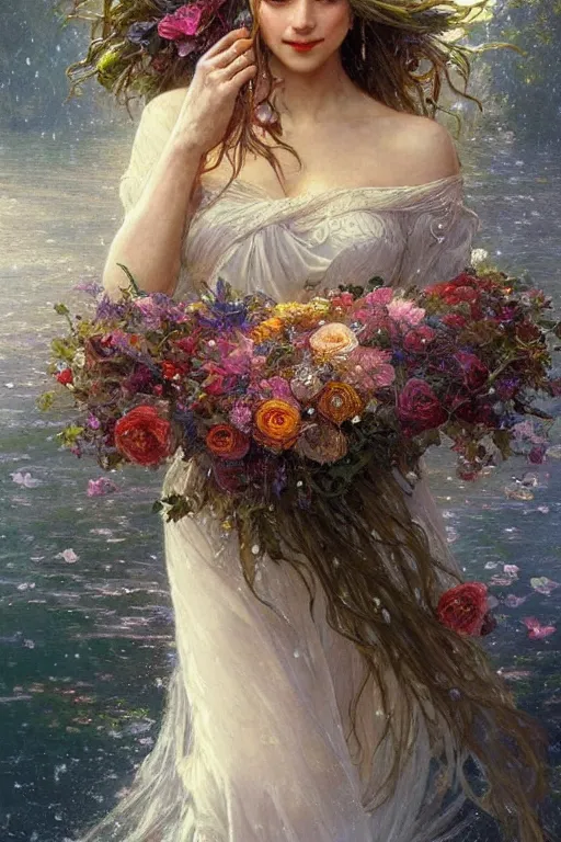 Image similar to portrait of a beautiful mysterious woman holding a bouquet of flowing flowers, wet dripping long hair, hands hidden under the bouquet, emerging from the water, fantasy, regal, intricate, by stanley artgerm lau, greg rutkowski, thomas kindkade, alphonse mucha, loish, norman rockwell