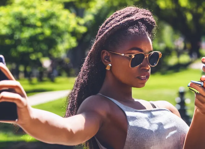 Image similar to photo still of a bronze statue of a woman using an iphone to take a selfie in a park on a bright sunny day, 8 k 8 5 mm f 1 6