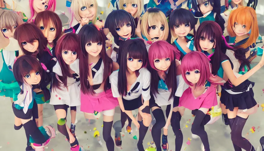 Image similar to group of cute anime characters jumping, colorful outfits, realistic face, detailed face, detailed eyes, short miniskirts, lightly dressed, ultra detailed digital art, hyper real, detailed, group photo, ultra detailed, ground up angle