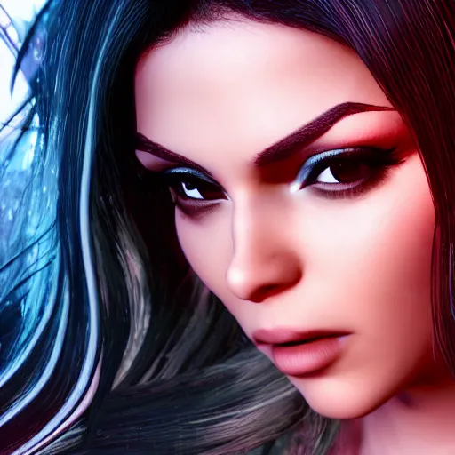 Image similar to portait haifa wehbe centred, very long hair, hd, bright colors, final fantasy, unreal engine 5 highly rendered, global illumination, radiant light