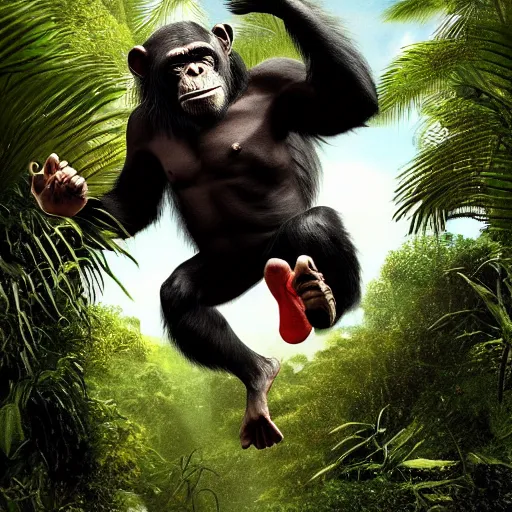 Image similar to Angry Chimpanzee Jumping, Epic Jump, Cinematic Photo, Cinematic Shot, Jungle, Foliage Boris Vallejo, Epic, 8k resolution, ArtStation, Hyperrealistic