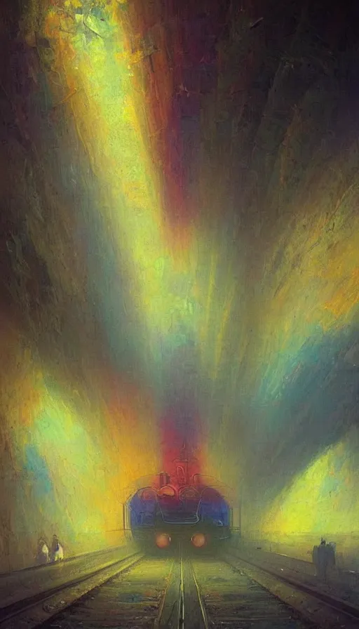 Image similar to a train driving through a psychedelic tunnel, by ivan aivazovski,