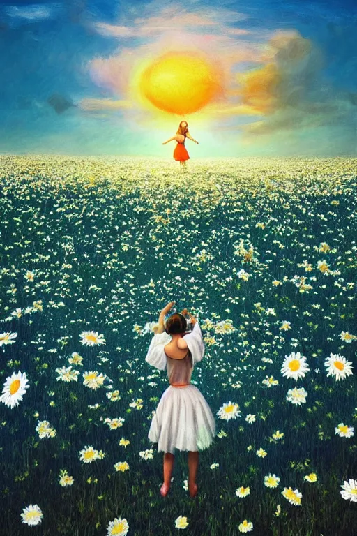 Image similar to giant white daisy flower as head, girl dancing in a flower field, surreal photography, sunrise, dramatic light, impressionist painting, colorful clouds, digital painting, artstation, simon stalenhag