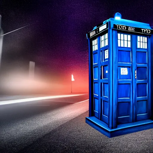 Image similar to a hyperdetailed photograph of the tardis sat on a futuristic street corner, night, dense fog, rain, hd, 8 k resolution