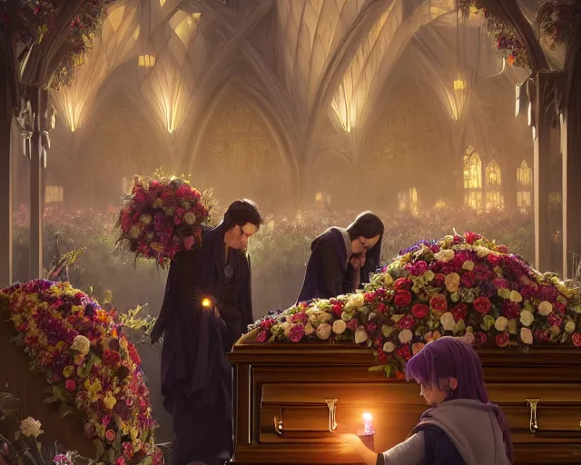 Prompt: a funeral with coffin, flowers and mourners in a coles supermarket, photography of kurzgesagt, deep focus, d & d, fantasy, intricate, elegant, highly detailed, digital painting, artstation, concept art, matte, sharp focus, illustration, hearthstone, art by artgerm and greg rutkowski and alphonse mucha