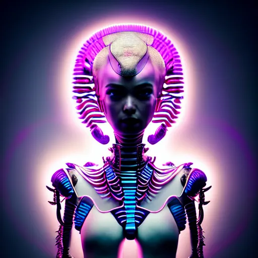 Image similar to half body portrait of an absurdly beautiful, graceful, sophisticated, asian cyberpunk mechanoid fashion idol, hyperdetailed photo by irakli nadar, maria borges, matt wisniewski style, intricate linework, neon jellyfish headdress, carved bone ruff, xenomorphic body suit, unreal engine 5 highly rendered, global illumination, radiant light, detailed and intricate environment