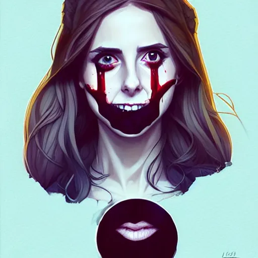 Image similar to loish, artgerm, Joshua Middleton art, pretty Alison Brie serial killer holding bloody knife in right hand, blood on clothes and face, sarcastic smile, symmetrical eyes, symmetrical face, jean jacket, jeans, short blonde hair, middle shot, night time, deep blacks