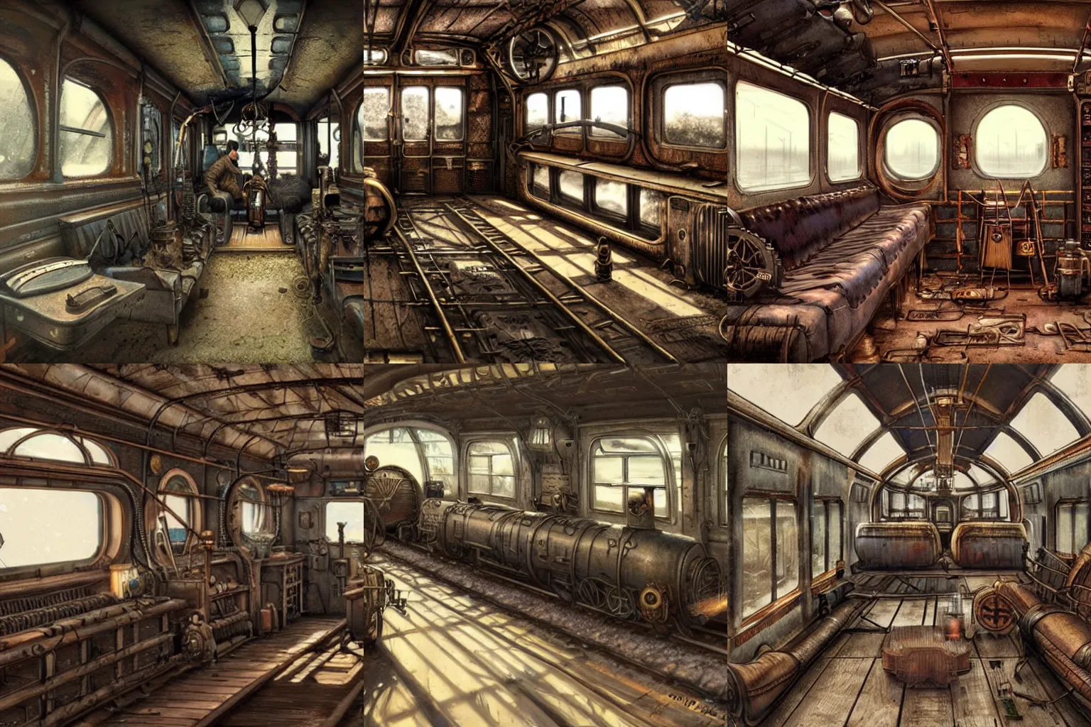 Prompt: steampunk train wagon interior, 3d scene, Greg Rutkowski, Enki Bilal, zenith view