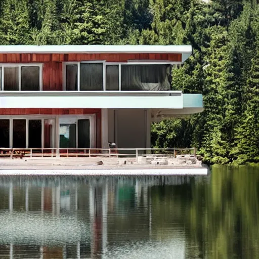 Image similar to wes anderson style modern house near the lake