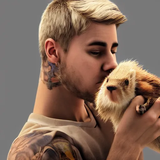 Image similar to hyperrealistic dslr film still of justin bieber holding his pet beaver, stunning 8 k octane comprehensive 3 d render, inspired by istvan sandorfi & greg rutkowski & unreal engine, perfect facial symmetry, dim volumetric cinematic lighting, extremely hyper - detailed, incredibly real lifelike attributes & flesh texture, intricate, masterpiece, artstation, stunning