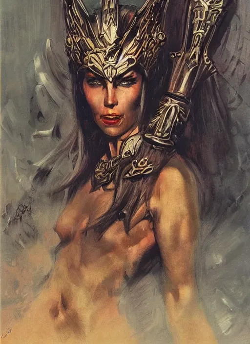 Prompt: portrait of norwegian female chaos angel, beautiful! coherent! by frank frazetta, by brom, strong line, deep color, spiked armor, iron helm, high contrast, maximalist