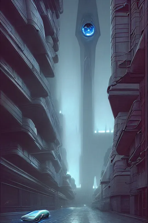 Prompt: emissary futuristic downtown with red street lamps, windows lit, marble, by tim blandin and arthur haas and bruce pennington and john schoenherr, cinematic matte painting, zaha hadid building, photo realism, dark moody color palate, blue hour stars, desolate glacial landscape,